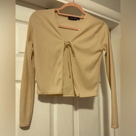 Pretty Little Things Rib Tie Front Long Sleeve Crop Top - Picture 1 of 4